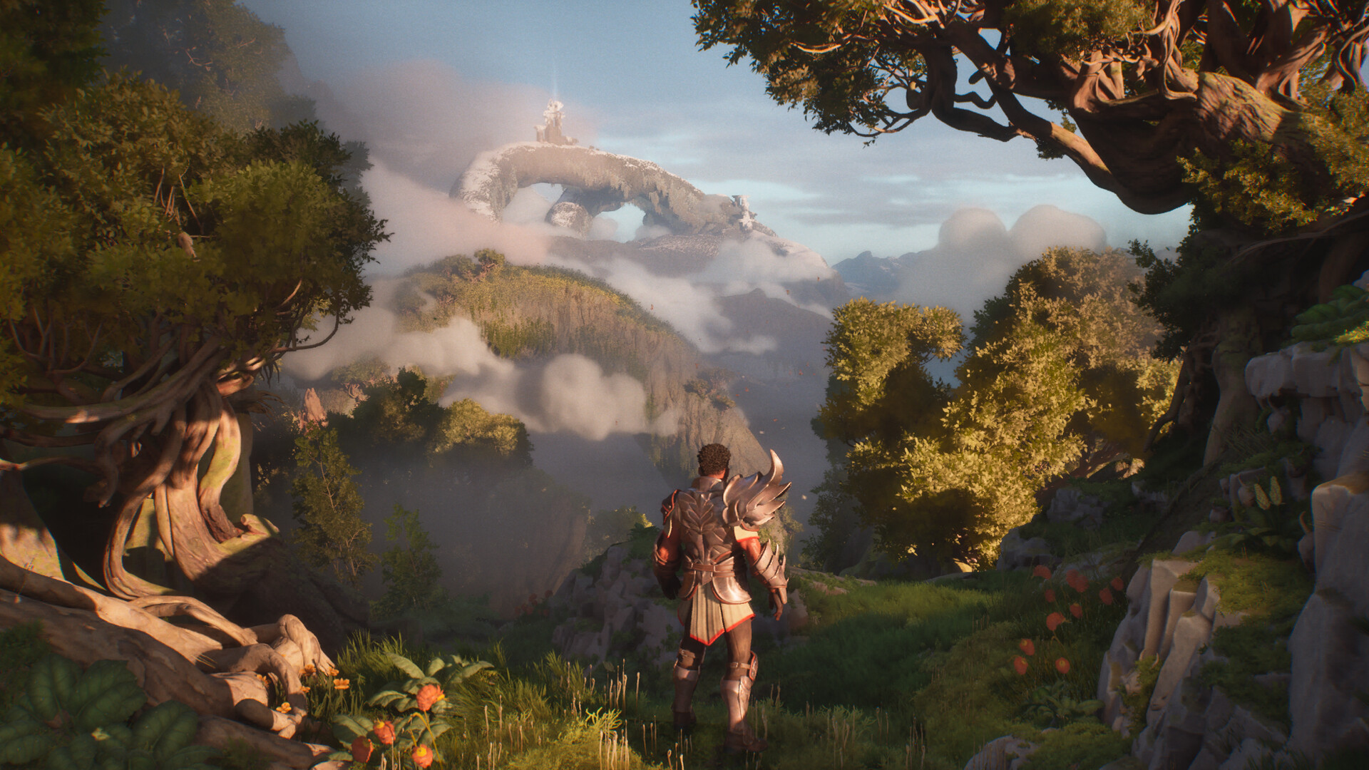 An adventurer on a forest ledge looks toward a floating island of rock above the clouds