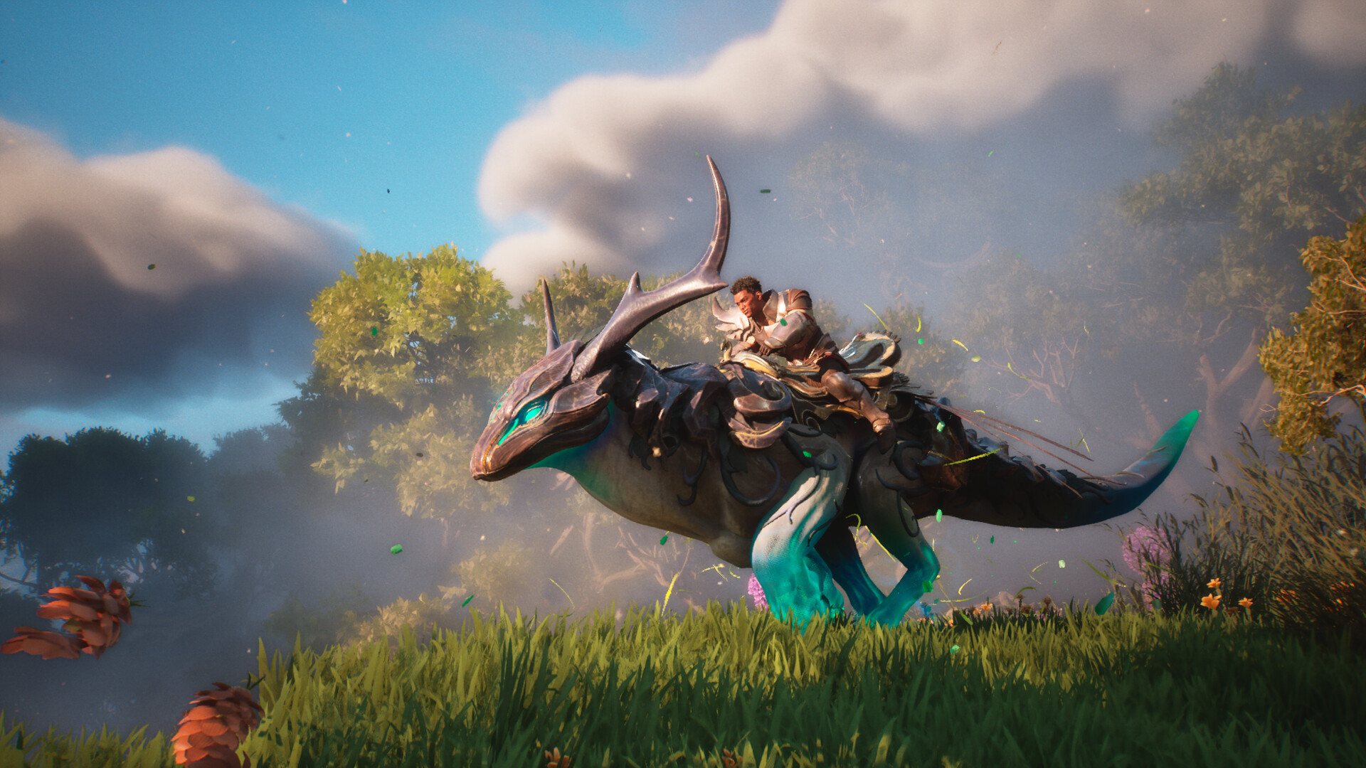 A rider on a horned mount with glowing legs runs through a sunlit meadow