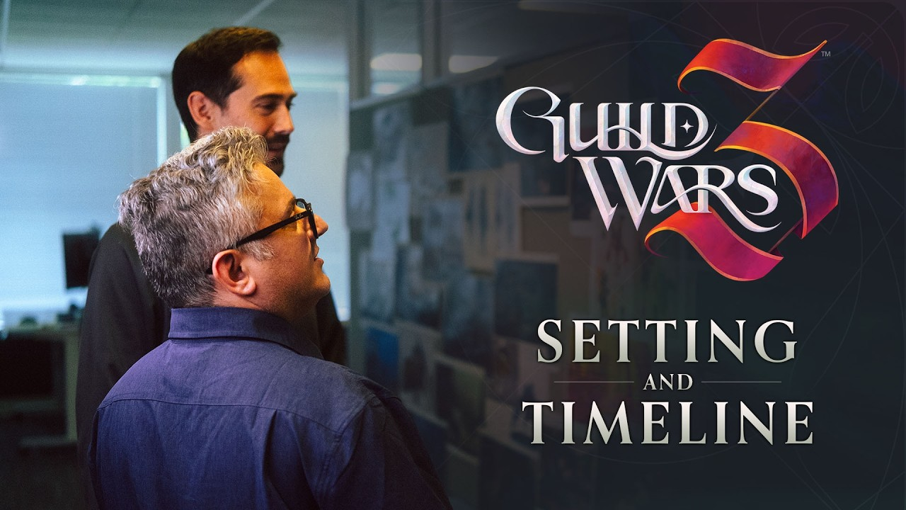 Two ArenaNet developers in the studio beside the title Setting and Timeline