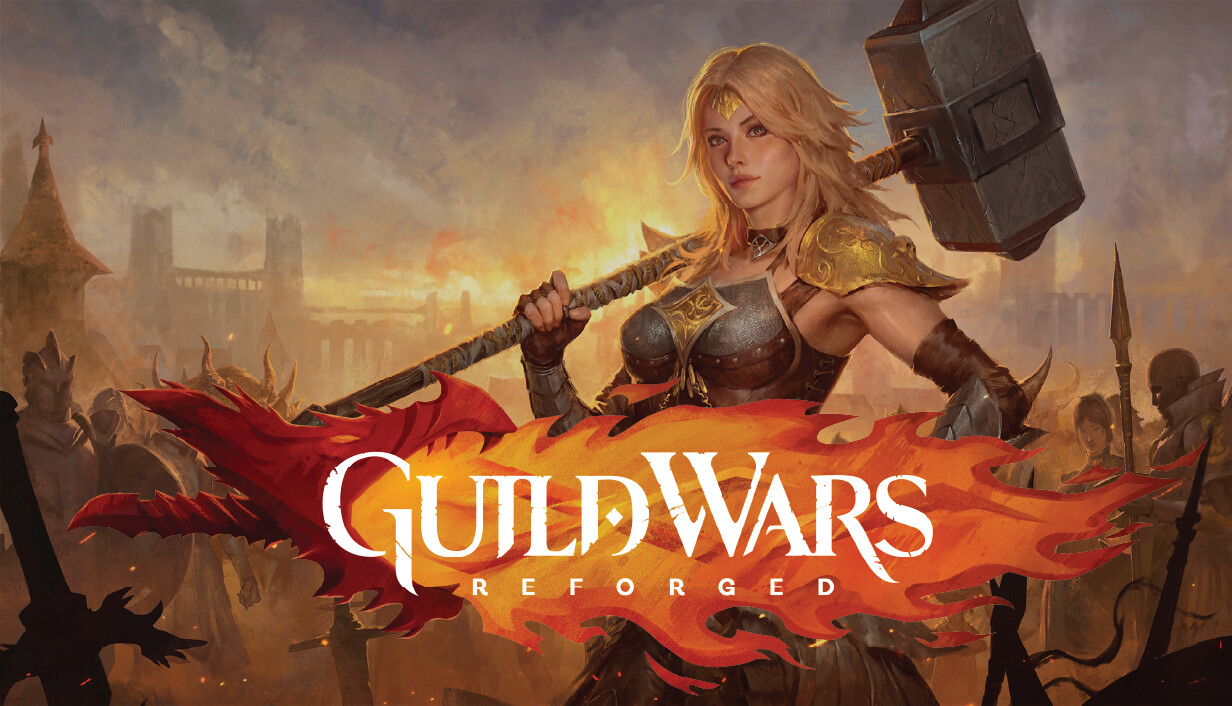 The Guild Wars Reforged logo beside a warrior holding a war hammer