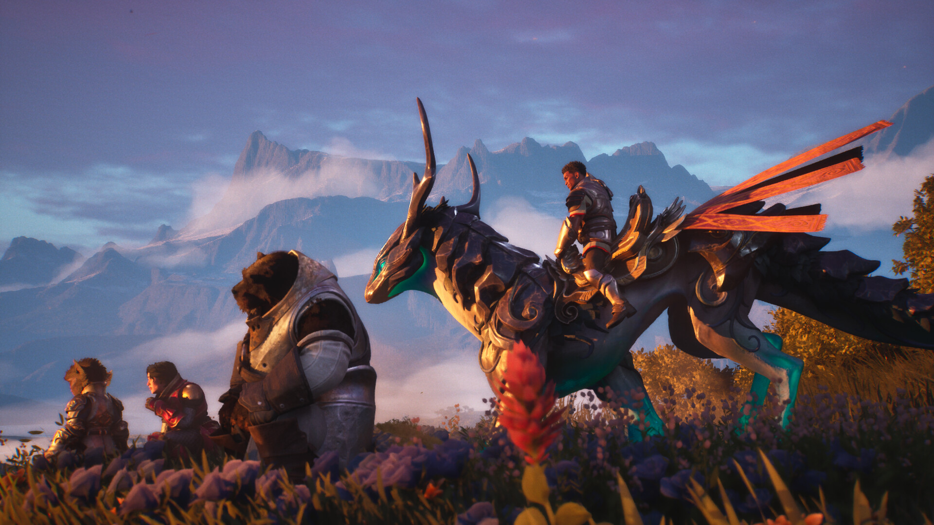 A kodan, two adventurers and a rider on a horned mount rest on a flowering ridge at dusk