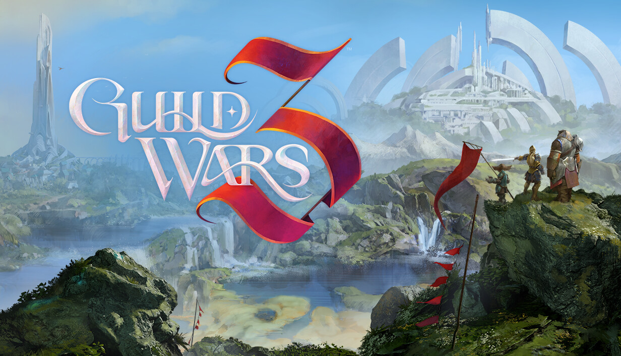The Guild Wars 3 logo over a white city on a cliff, with adventurers on a ridge above a river valley